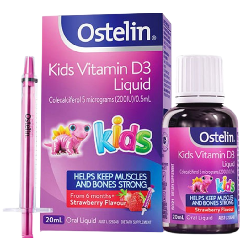 Ostelin Kids Vitamin D3 Liquid dietary supplement set, including a purple and pink retail box, a small dark bottle with a white cap, and a pink oral liquid dropper, shown on a white background.