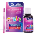 Ostelin Kids Vitamin D3 Liquid dietary supplement set, including a purple and pink retail box, a small dark bottle with a white cap, and a pink oral liquid dropper, shown on a white background.