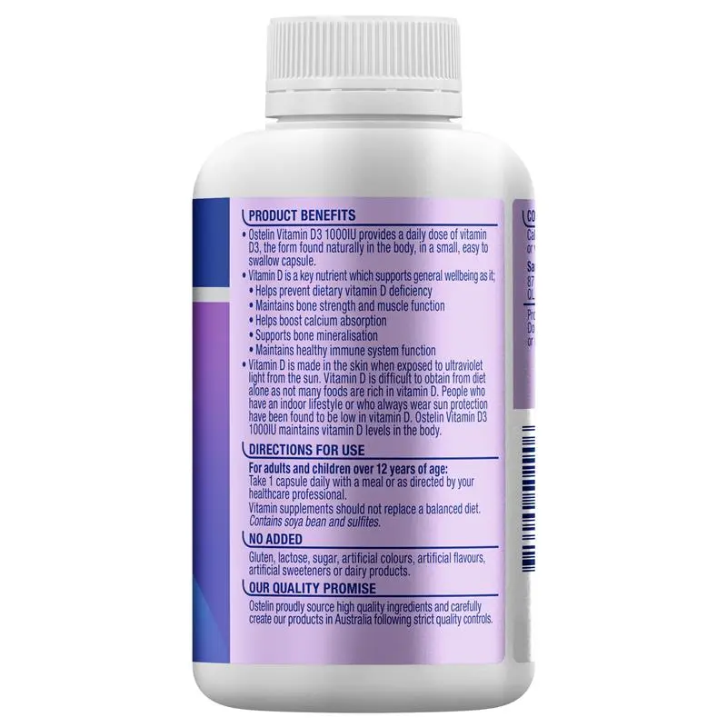 Ostelin Vitamin D3 1000IU 300 capsules vitamin D supplement to support bone strength, calcium absorption, muscle function and immune system health.