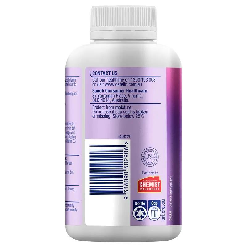 Ostelin Vitamin D3 1000IU 300 capsules vitamin D supplement to support bone strength, calcium absorption, muscle function and immune system health.