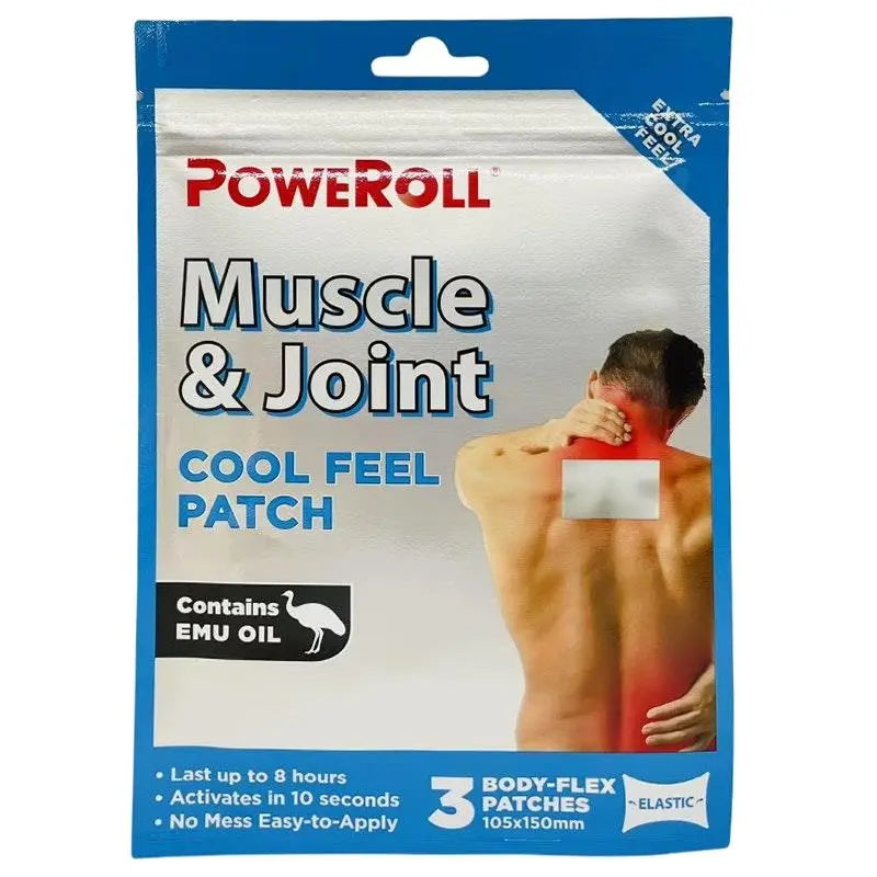 Poweroll Cool Feel Patch 3 patches cooling pain relief adhesive patch for muscle pain, joint discomfort and body soreness with long-lasting cooling effect.