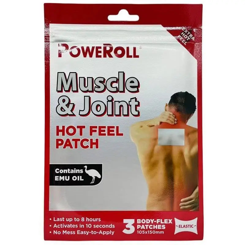 Poweroll Hot Feel Patch 3 patches warming pain relief adhesive patch for muscle stiffness, joint discomfort and body soreness with heat therapy effect.
