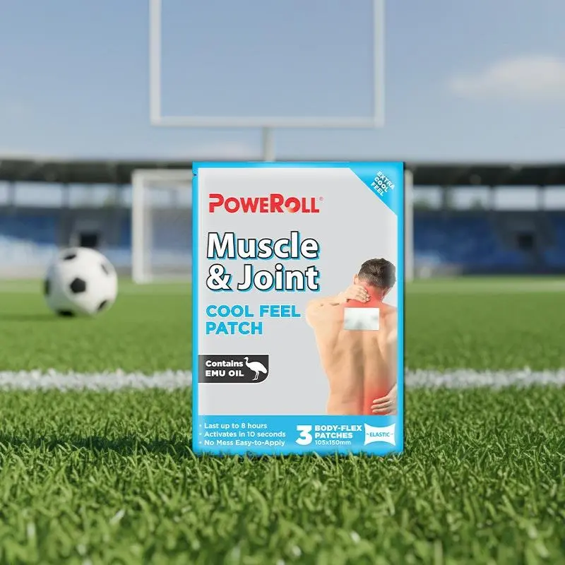 Poweroll Cool Feel Patch 3 patches cooling pain relief adhesive patch for muscle pain, joint discomfort and body soreness with long-lasting cooling effect.