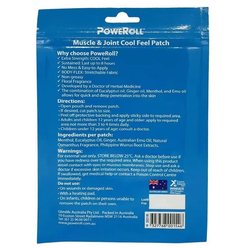 Poweroll Cool Feel Patch 3 patches cooling pain relief adhesive patch for muscle pain, joint discomfort and body soreness with long-lasting cooling effect.
