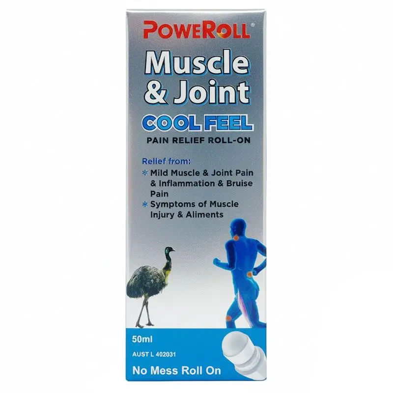 Poweroll Cool Feel Roll-On 50ml cooling gel roll-on for muscle pain, joint stiffness and body soreness with menthol-based fast cooling relief.