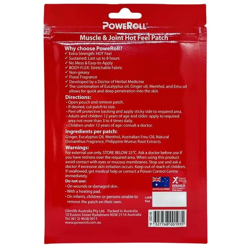 Poweroll Hot Feel Patch 3 patches warming pain relief adhesive patch for muscle stiffness, joint discomfort and body soreness with heat therapy effect.