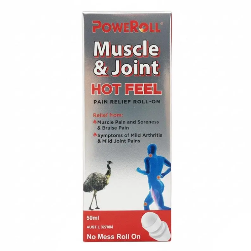 Poweroll Hot Feel Roll-On 50ml warming gel roll-on for muscle pain, joint stiffness and body soreness with heat therapy effect for fast relief and recovery.