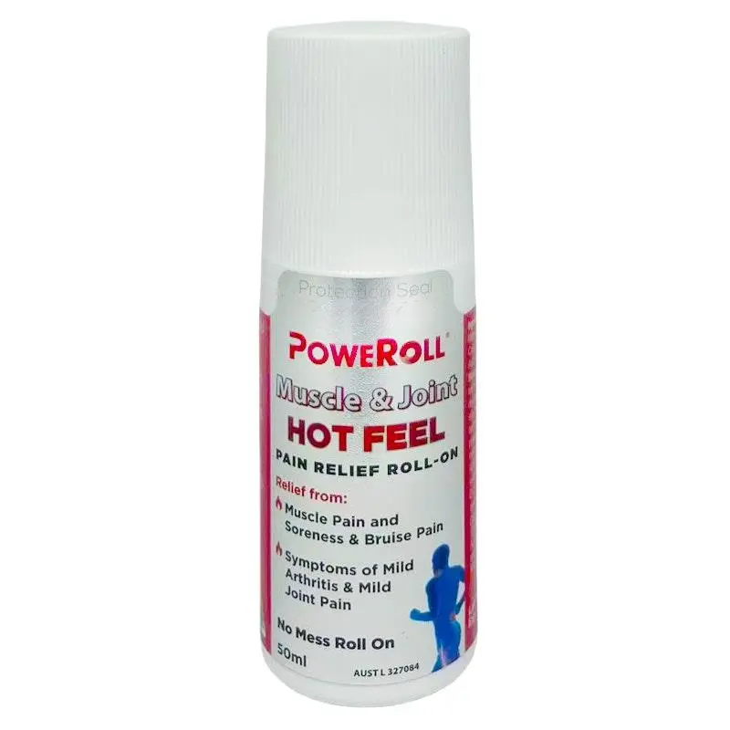 Poweroll Hot Feel Roll-On 50ml warming gel roll-on for muscle pain, joint stiffness and body soreness with heat therapy effect for fast relief and recovery.