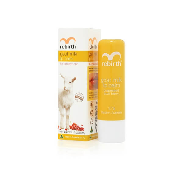 Rebirth Goat Milk Lip Balm moisturizing lip balm with goat milk extract to help hydrate, soften and protect dry, chapped lips.