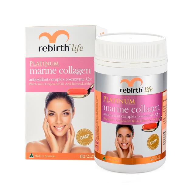 Rebirth Marine Collagen 60 capsules dietary supplement for skin elasticity, hydration, hair and nail support to promote youthful-looking skin.
