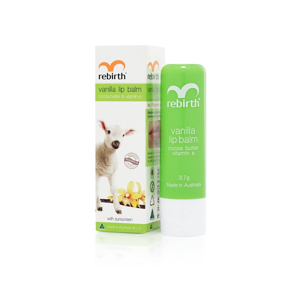 Rebirth Vanilla Lip Balm nourishing lip care product with vanilla extract to help moisturise, soften and protect dry, chapped lips.