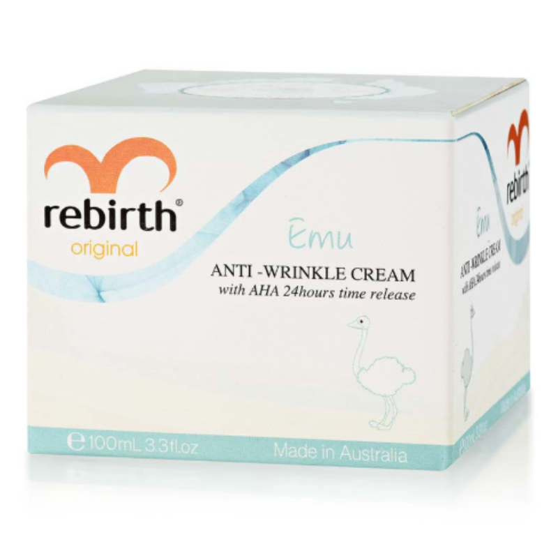 Rebirth Emu Anti-Wrinkle Cream 100ml skincare cream with emu oil to help reduce fine lines, improve hydration and support skin firmness for smoother, youthful skin.