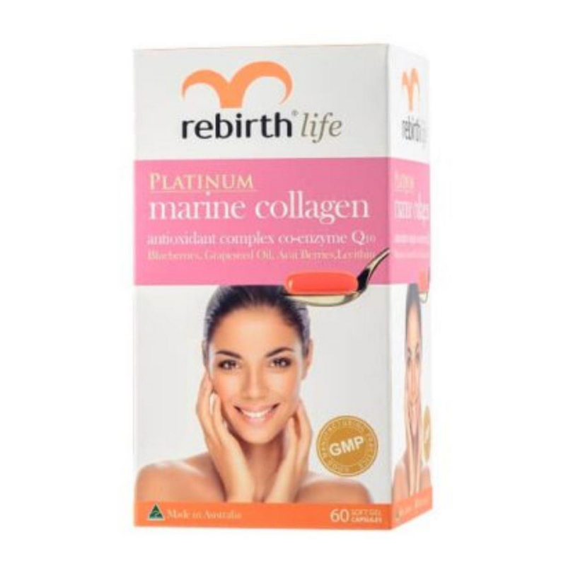 Rebirth Marine Collagen 60 capsules dietary supplement for skin elasticity, hydration, hair and nail support to promote youthful-looking skin.