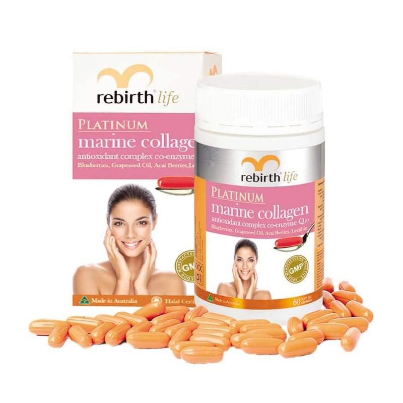 Rebirth Marine Collagen 60 capsules dietary supplement for skin elasticity, hydration, hair and nail support to promote youthful-looking skin.