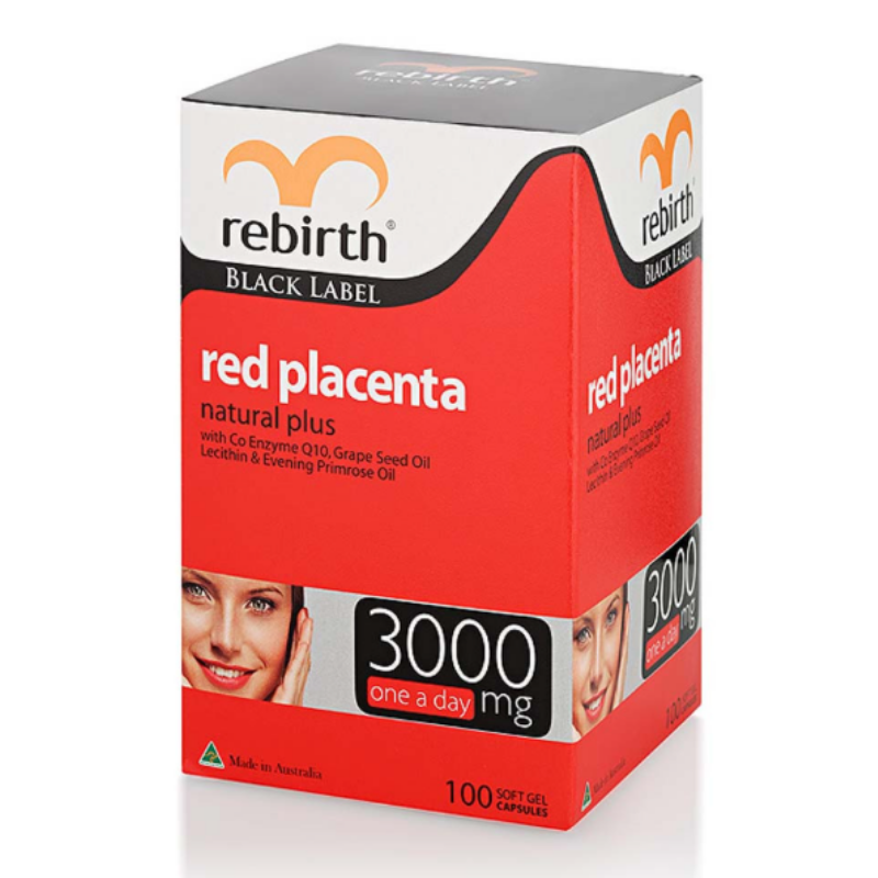 Rebirth Red Placenta Black Label 100 capsules dietary supplement for skin renewal, anti-aging support, hydration and overall beauty-from-within care.