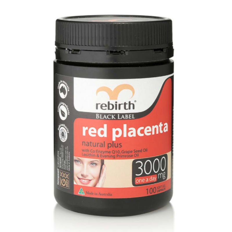Rebirth Red Placenta Black Label 100 capsules dietary supplement for skin renewal, anti-aging support, hydration and overall beauty-from-within care.