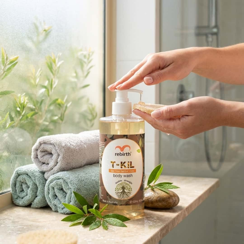 Rebirth T-KiL Tea Tree Herbal Max Body Wash 500ml refreshing tea tree body cleanser for everyday use.