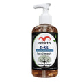 A 250ml pump bottle of rebirth T-KiL tea tree herbal max hand wash, featuring a white pump dispenser and a black label with a red logo and green leaf accents, set against a plain white background.