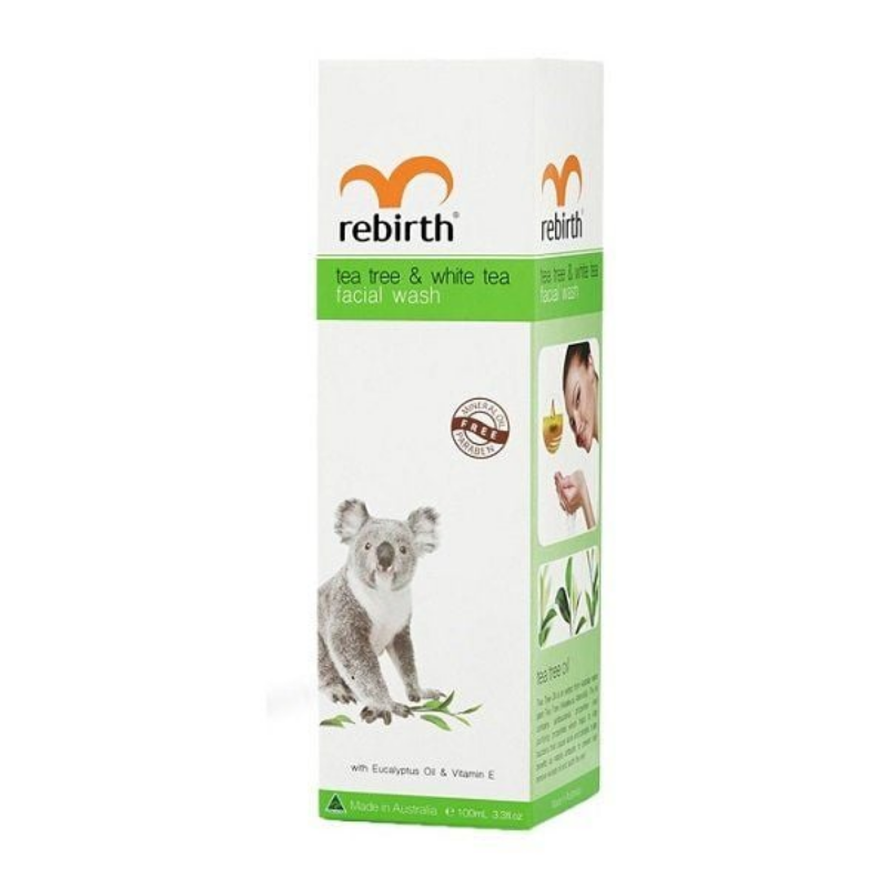 Rebirth Tea Tree Facial Wash 100ml cleansing gel with tea tree oil to help remove dirt, oil and impurities while supporting clearer and refreshed skin.