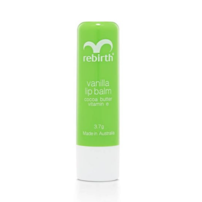 Rebirth Vanilla Lip Balm nourishing lip care product with vanilla extract to help moisturise, soften and protect dry, chapped lips.