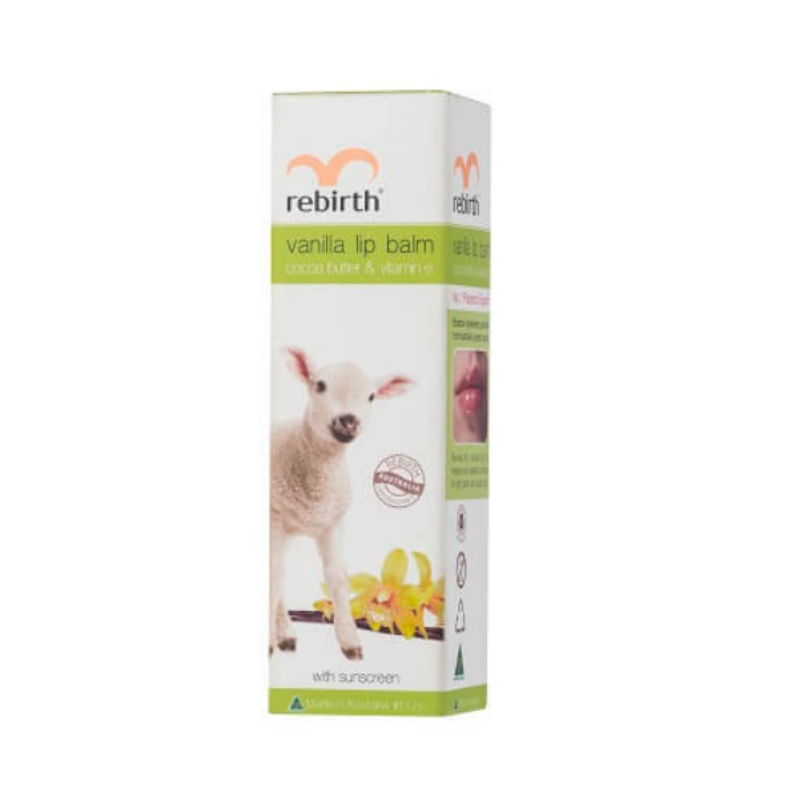 Rebirth Vanilla Lip Balm nourishing lip care product with vanilla extract to help moisturise, soften and protect dry, chapped lips.