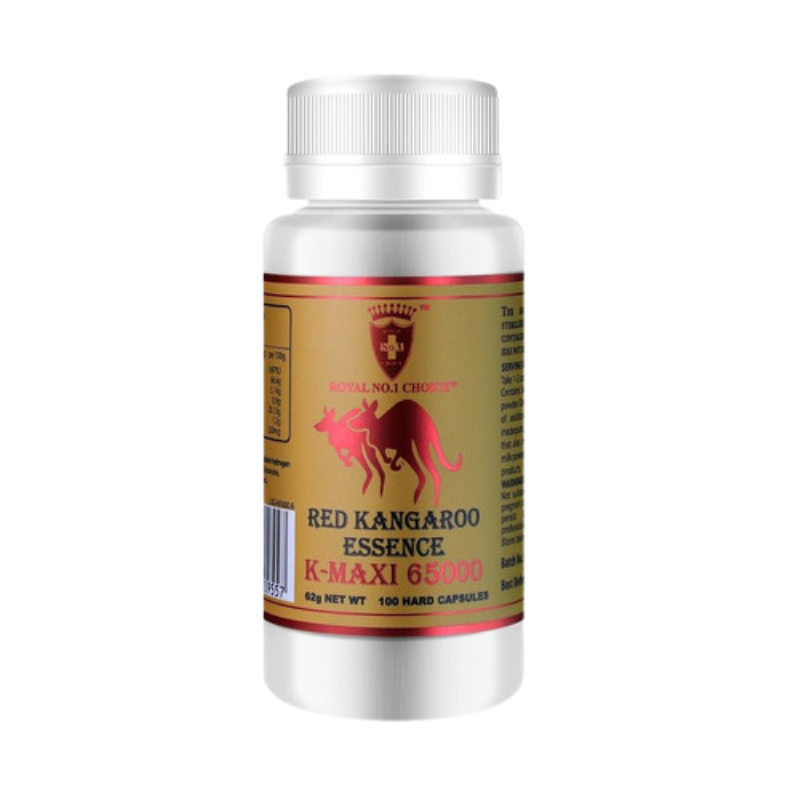 Royal Choice Red Kangaroo Essence K-Maxi 65000 100 Capsules premium Australian kangaroo supplement with red kangaroo powder in an easy-to-take capsule format.
