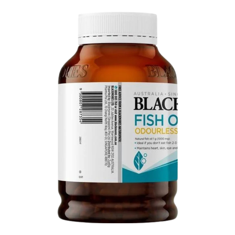 An amber plastic bottle of Black Fish Odourless natural fish oil capsules with a white cap and a white, blue, and teal label.
