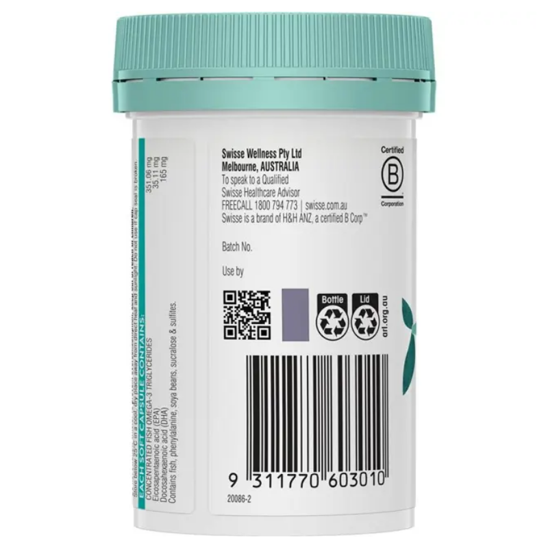 Swisse Kids Fish Oil 60 Capsules children's omega-3 DHA and EPA supplement for brain and eye health