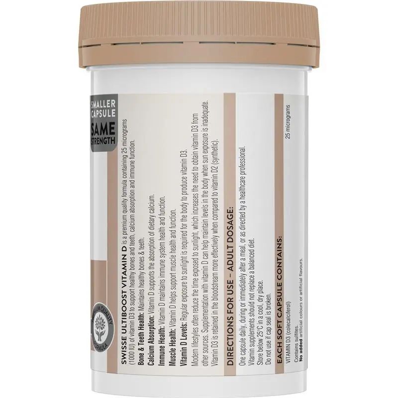 Swisse Ultiboost Vitamin D 400 Capsules Australian Vitamin D3 1000IU supplement for bone, muscle and immune health support.
