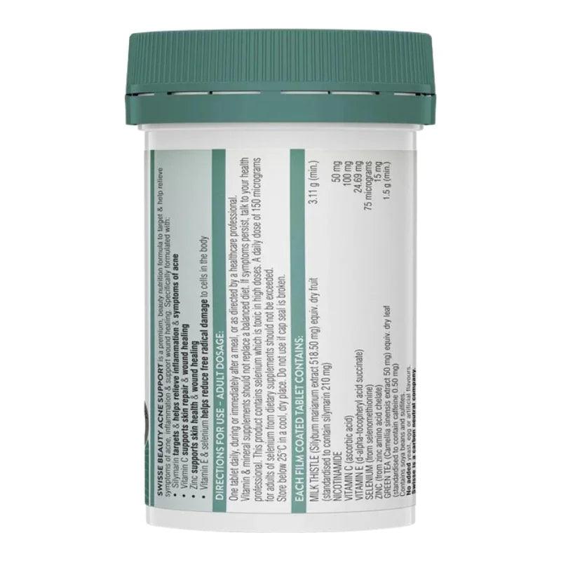 Swisse Beauty Acne Support 60 Tablets Australian skin health supplement with Silymarin, Zinc, Vitamin C and Green Tea Extract.