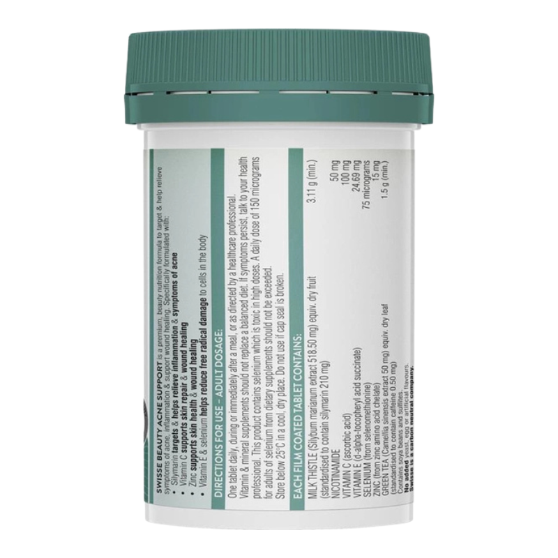 Swisse Beauty Acne Support 60 Tablets Australian skin health supplement with Silymarin, Zinc, Vitamin C and Green Tea Extract.
