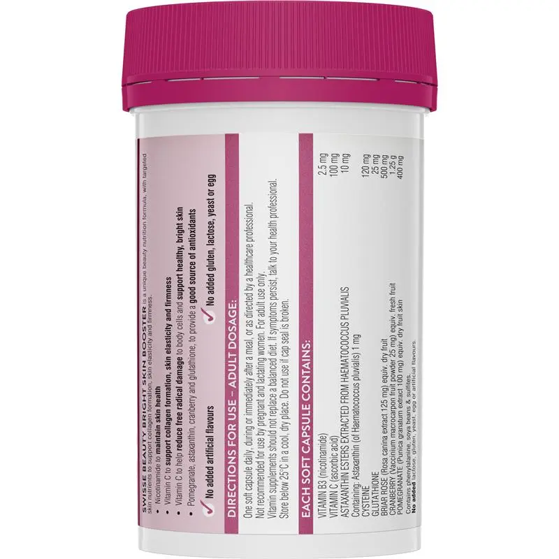 Swisse Beauty Bright Skin Booster 120 Capsules bottle packaging, skin radiance and collagen support beauty supplement, Australian Swisse skincare capsules container
