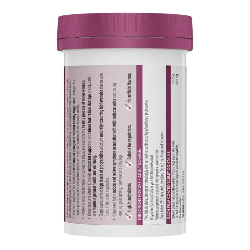 Swisse Beauty Grape Seed 14250mg 180 Tablets Australian grape seed extract supplement with vitamin C for antioxidant and collagen support.