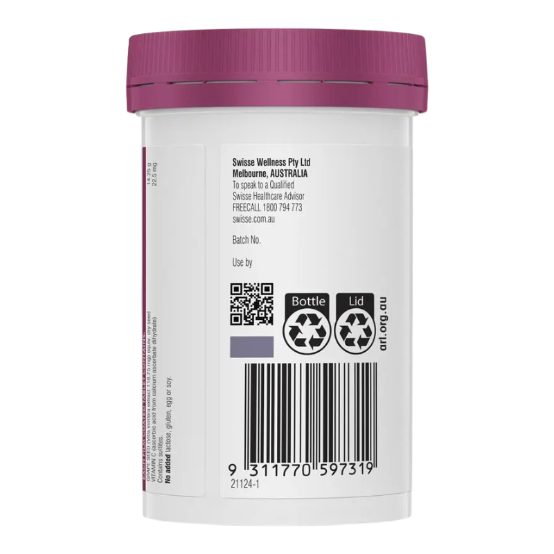 Swisse Beauty Grape Seed 14250mg 180 Tablets Australian grape seed extract supplement with vitamin C for antioxidant and collagen support.