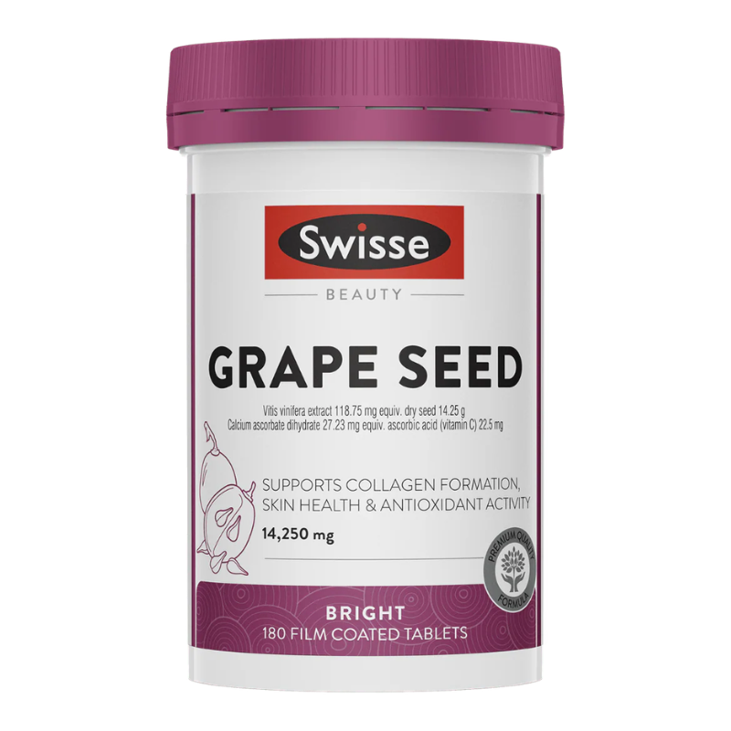 Swisse Beauty Grape Seed 14250mg 180 Tablets Australian grape seed extract supplement with vitamin C for antioxidant and collagen support.
