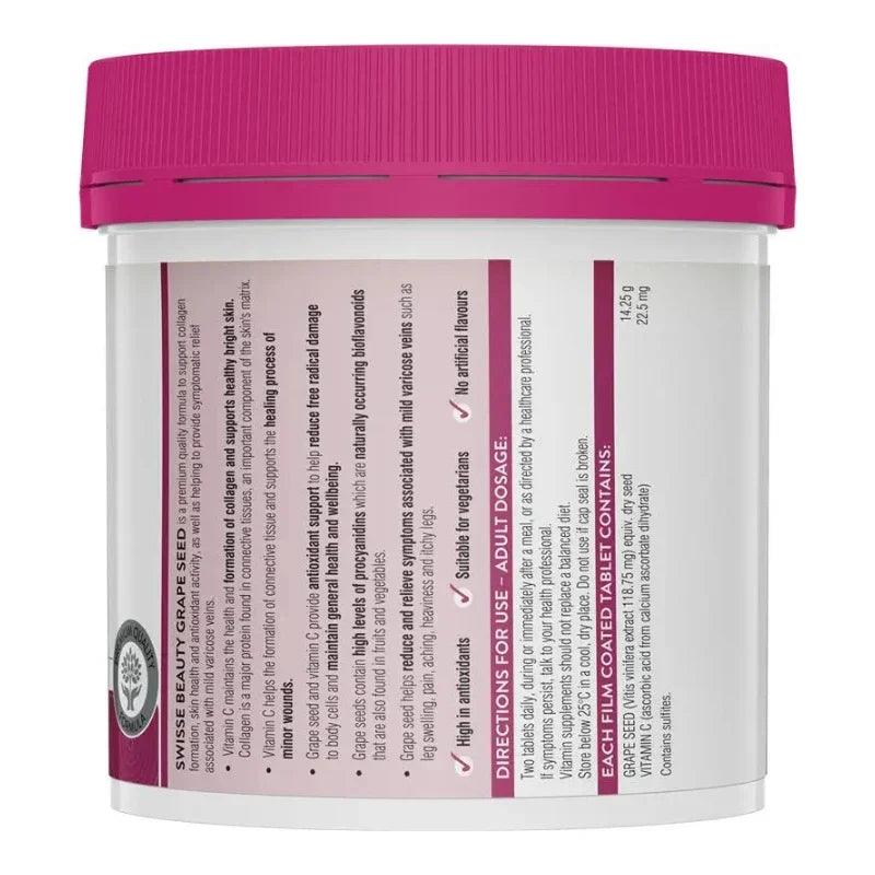 Swisse Beauty Grape Seed 14250mg 300 Tablets Australian grape seed extract supplement with vitamin C for antioxidant and collagen support.