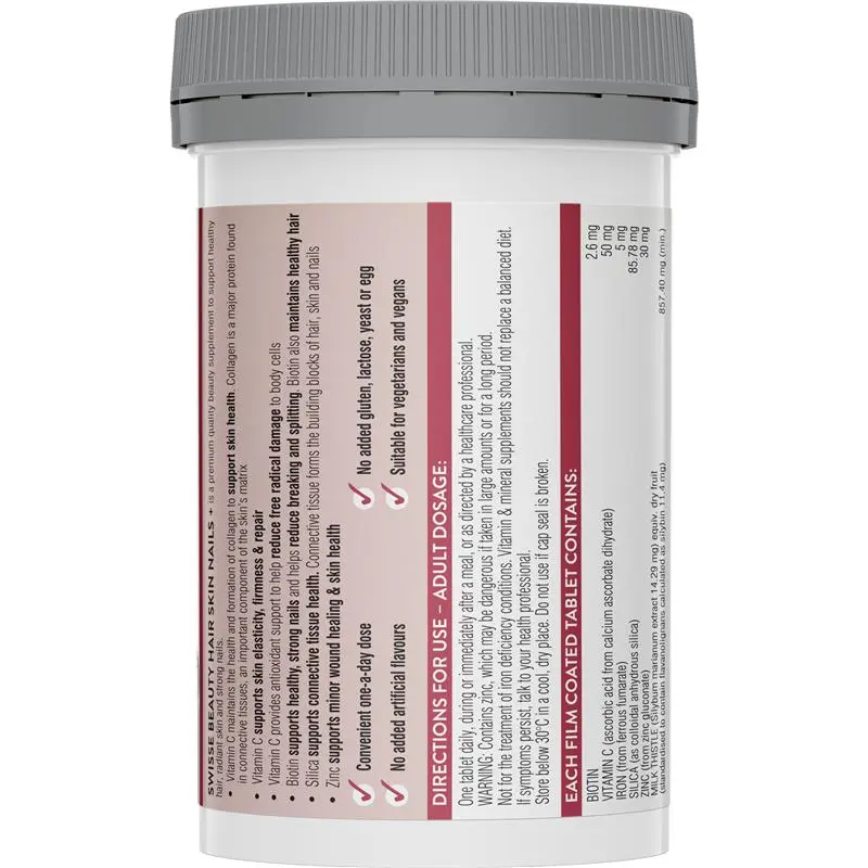 Swisse Beauty Hair Skin Nails 100 Tablets bottle on white background, Australian beauty supplement supporting hair, skin and nail health with biotin and vitamins.