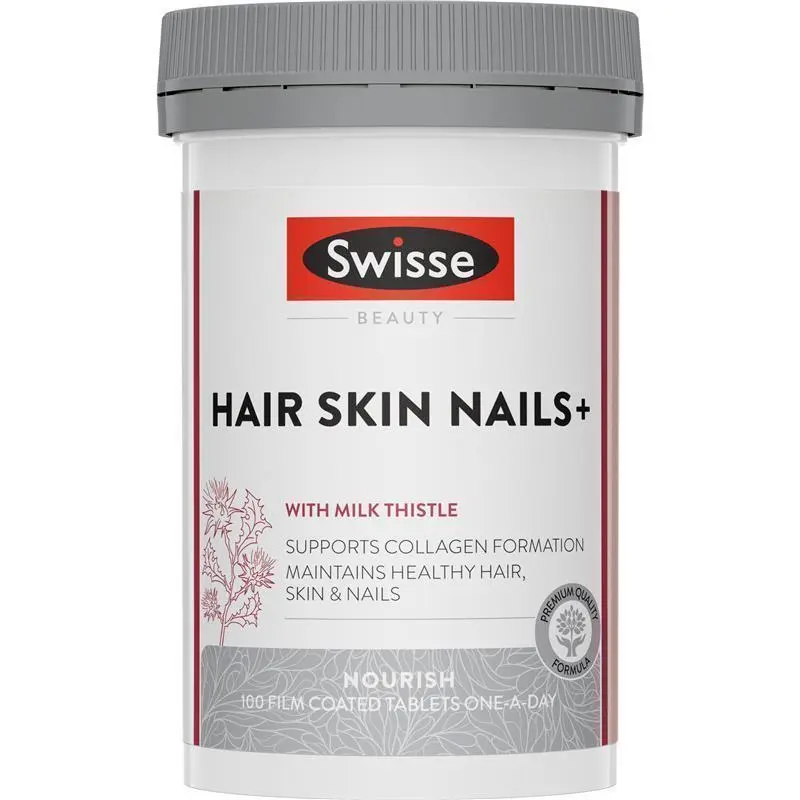 Swisse Beauty Hair Skin Nails 100 Tablets bottle on white background, Australian beauty supplement supporting hair, skin and nail health with biotin and vitamins.