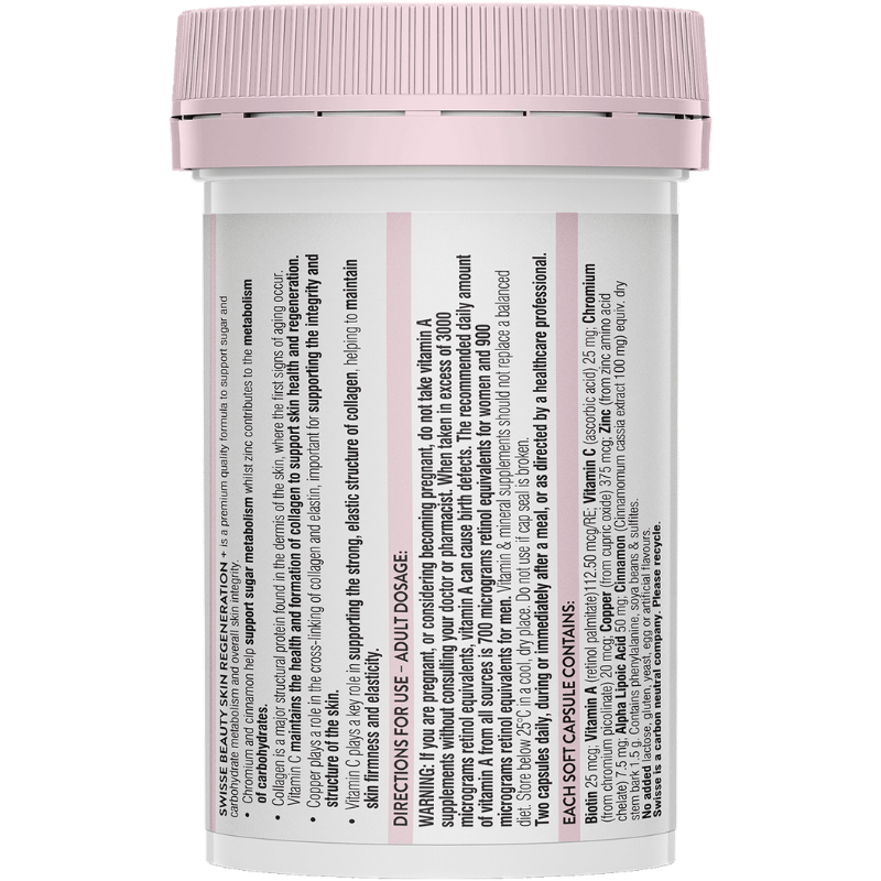 Swisse Beauty Skin Regeneration+ 60 Capsules bottle packaging, skin repair and renewal beauty supplement, collagen support Swisse Australia skincare capsules container