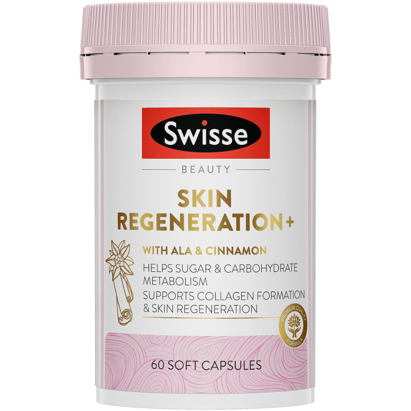 Swisse Beauty Skin Regeneration+ 60 Capsules bottle packaging, skin repair and renewal beauty supplement, collagen support Swisse Australia skincare capsules container