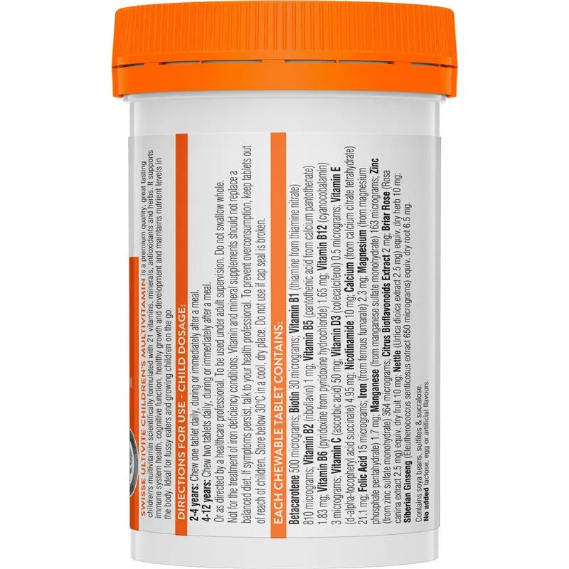 Swisse Children's Ultivite Multivitamin 120 Chewable Tablets with 21 vitamins and minerals to support children's growth, immune health and daily nutrition.
