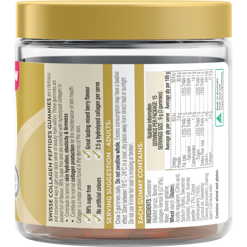 Swisse Collagen Peptides Gummies 45 Gummies Australian collagen gummies with hydrolysed collagen peptides and vitamin C for skin hydration and firmness.