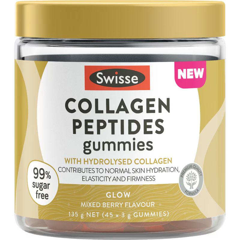 Swisse Collagen Peptides Gummies 45 Gummies Australian collagen gummies with hydrolysed collagen peptides and vitamin C for skin hydration and firmness.
