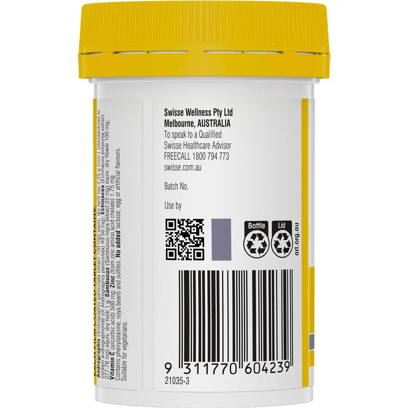 Swisse Immune Action 60 Tablets immune support supplement with vitamins, minerals and herbal ingredients.