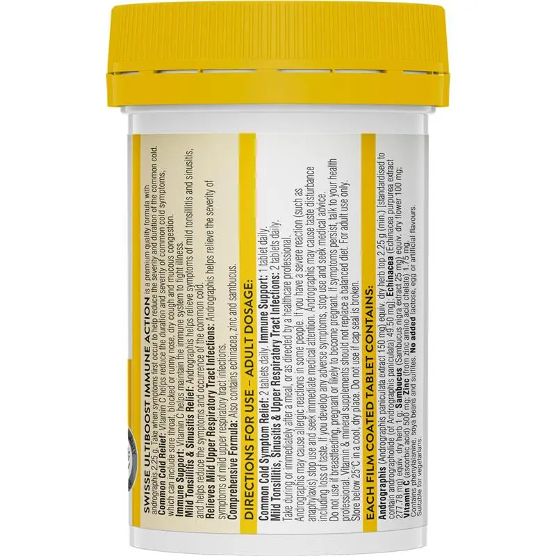Swisse Immune Action 60 Tablets immune support supplement with vitamins, minerals and herbal ingredients.