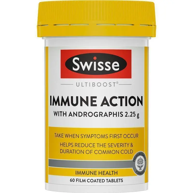 Swisse Immune Action 60 Tablets immune support supplement with vitamins, minerals and herbal ingredients.