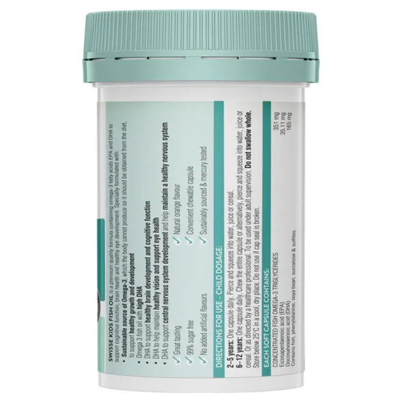 Swisse Kids Fish Oil 60 Capsules children's omega-3 DHA and EPA supplement for brain and eye health
