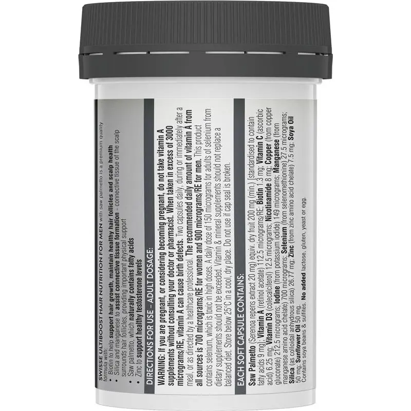 Swisse Ultiboost Hair Nutrition for Men 60 Capsules Australian men's hair supplement with biotin, saw palmetto and zinc for healthy hair and scalp support.