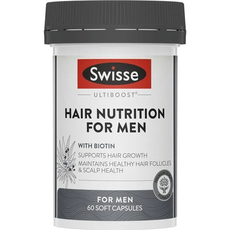 Swisse Ultiboost Hair Nutrition for Men 60 Capsules Australian men's hair supplement with biotin, saw palmetto and zinc for healthy hair and scalp support.