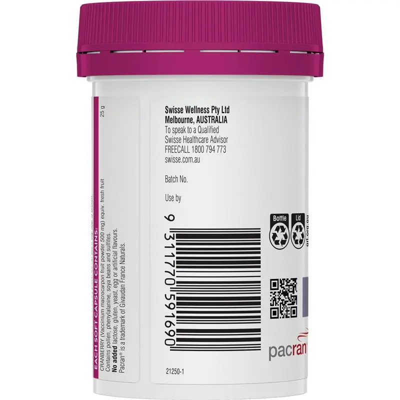 Swisse Ultiboost High Strength Cranberry 30 Capsules bottle packaging, urinary tract support supplement, cranberry extract capsules from Swisse Australia